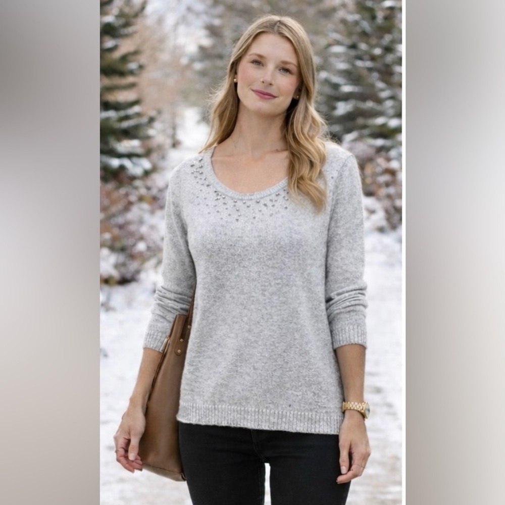 Guess Gray Rhinestone Scoop Neck Sweater | Soft Knit 3/4 Sleeve Top